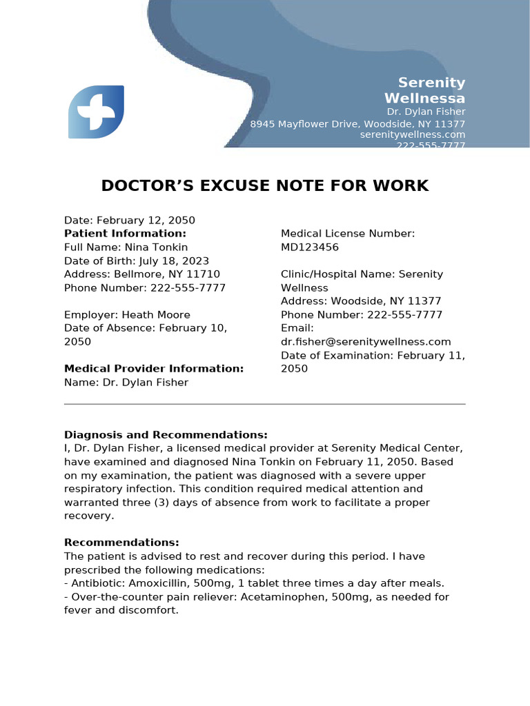 Doctor S Excuse Note For Work Template | PDF | Medical Specialties