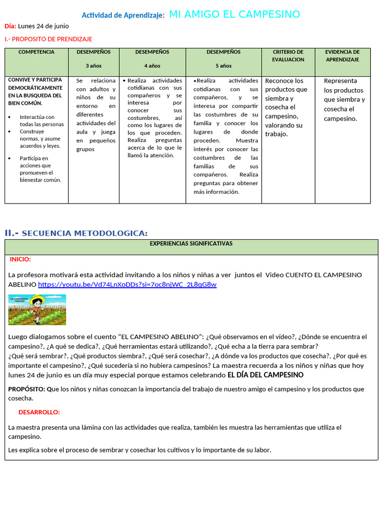 Aprendizaje Sobre El Campesino Y Su Labor Pdf Siembra Cognición