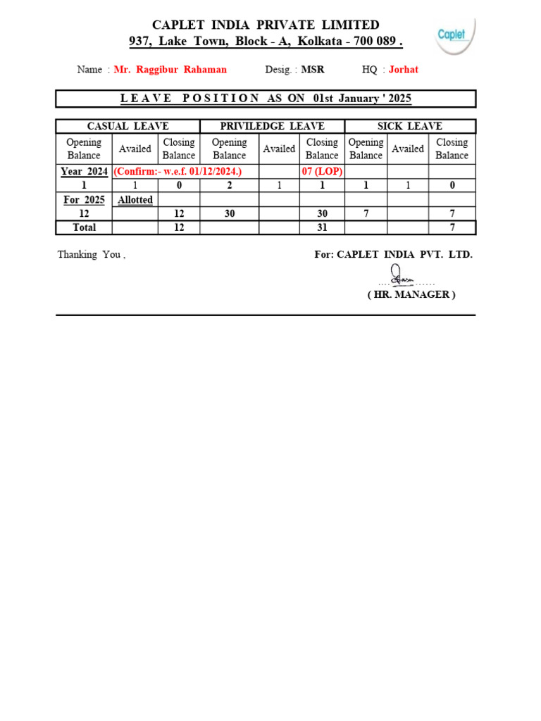 Leave Position of Raggibur Rahman | PDF