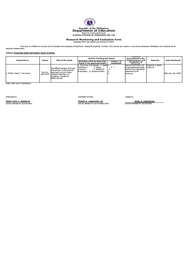 Research Monitoring Form for Teachers | PDF | Evaluation | Cognition