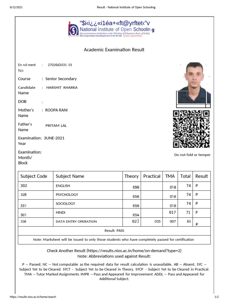 531124293-nios-marksheet | PDF