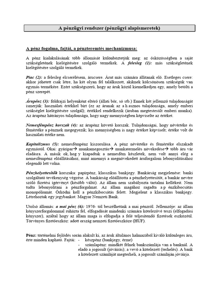 A Penzugyi Rendszer Penzugyi Alapismeretek | PDF