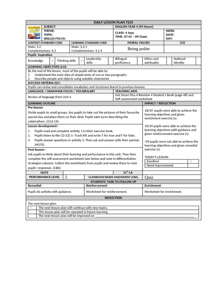 Year 4 English Daily Lesson Plan | PDF | Lesson Plan | Learning