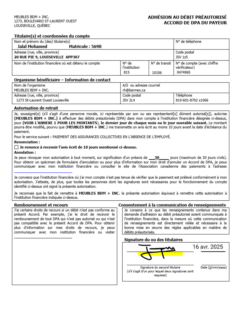 Autorisation de Débit Préautorisé BDM | PDF