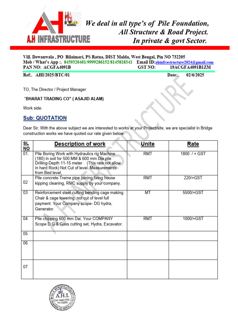 Pile Foundation Quotation for Projects | PDF | Deep Foundation