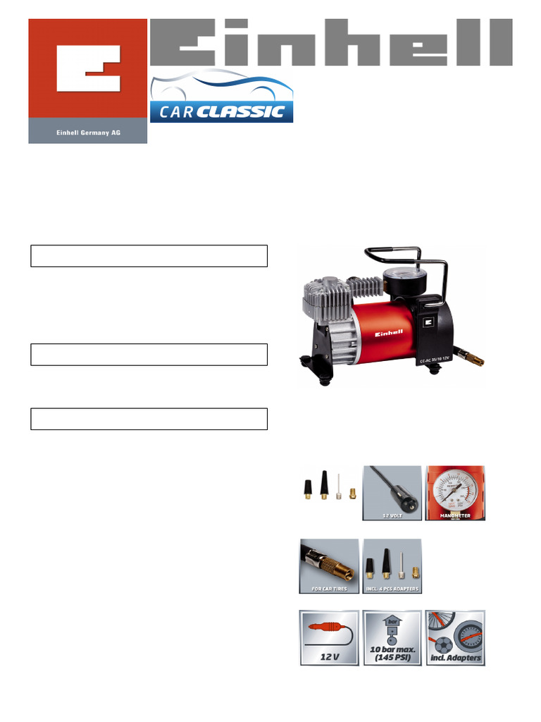 Einhell CC-AC 35/10 Compressore 12V – Portata 35 L/min, 10 Bar, Cavo 2.8 M, Adattatori Per Bici E Palloni, Per Auto