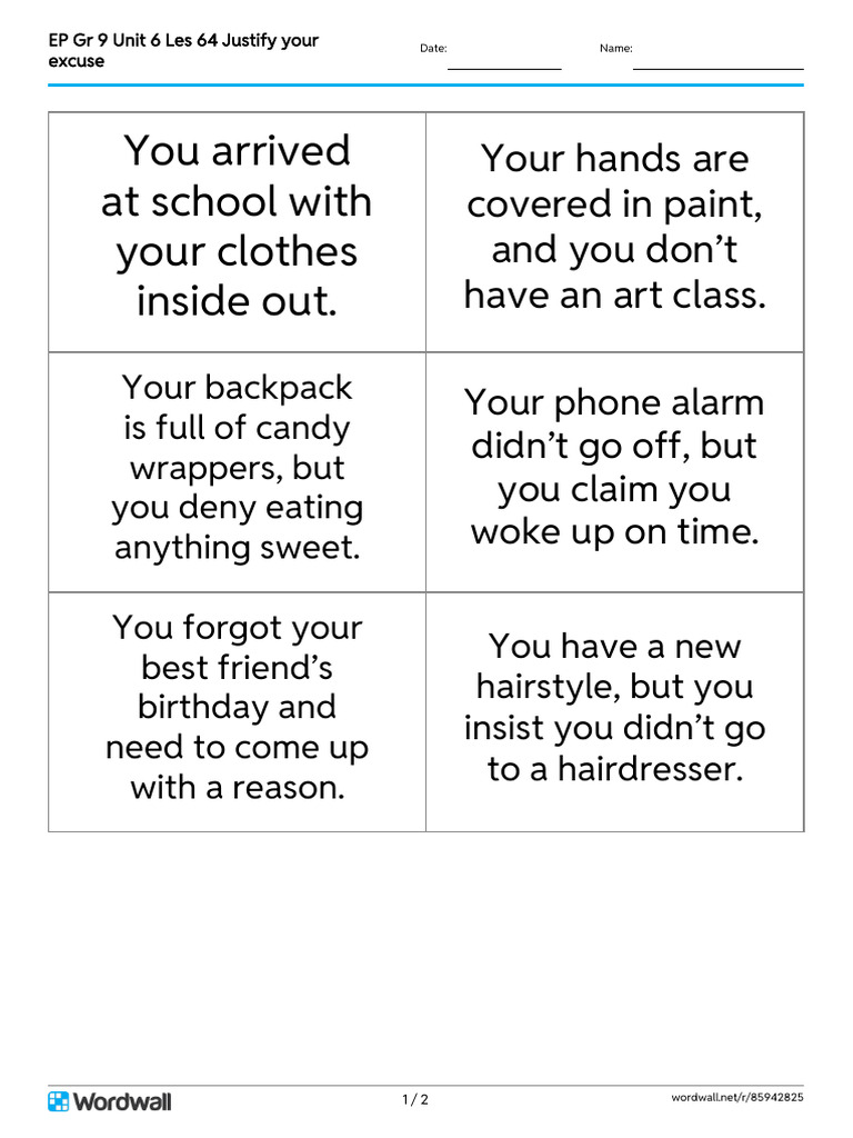 Ep GR 9 Unit 6 Les 64 Justify Your Excuse Flash Cards | PDF