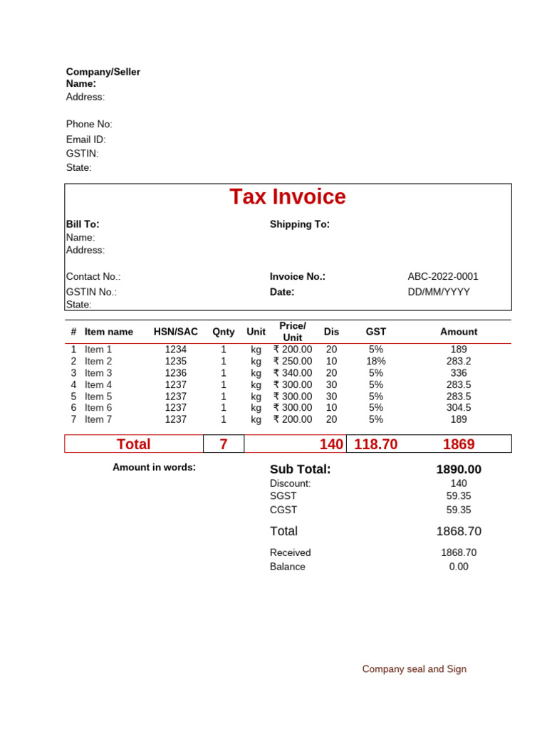 GST Invoice Template for Cloth Sales | PDF