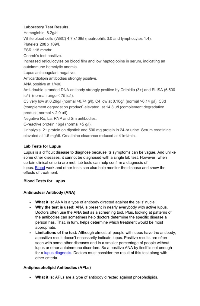 Comprehensive Laboratory Test Results Reveal Evidence of Systemic Lupus Erythematosus with Renal
