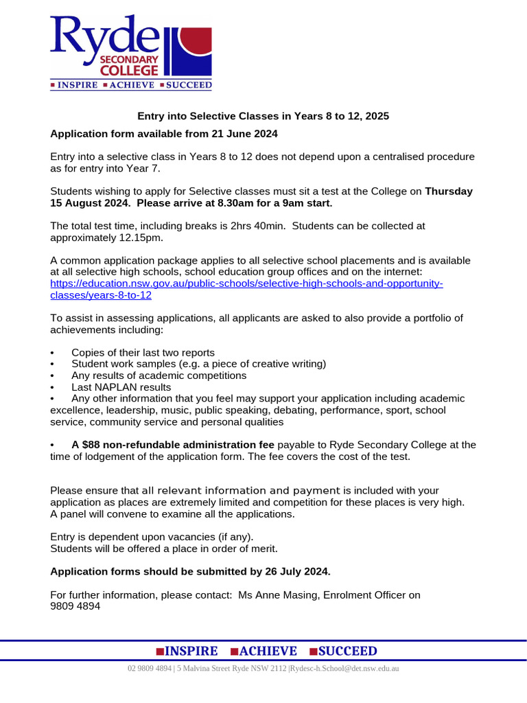 Year 8 Selective School Application 2025 | PDF