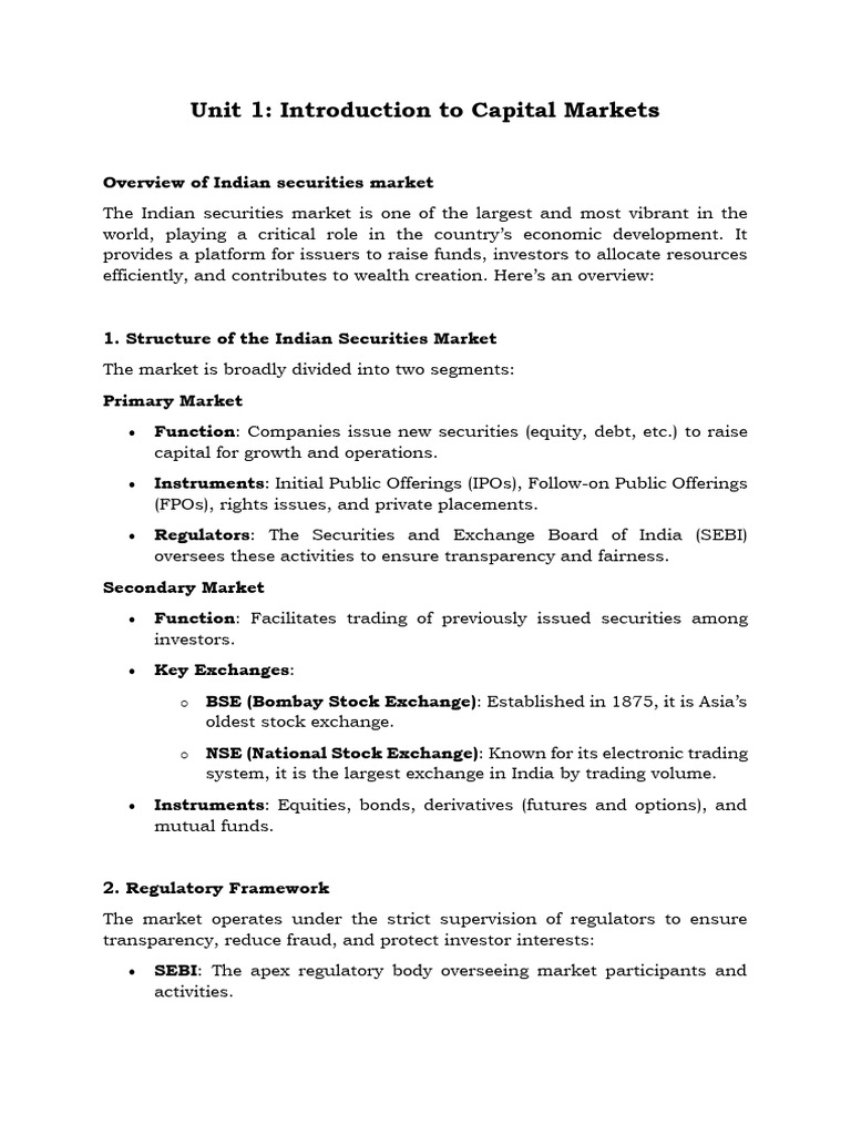 Unit 1 Introduction To Capital Markets | PDF | Securities (Finance ...