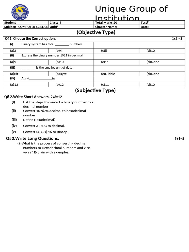 Computer Science Test: Binary & Hexadecimal | PDF
