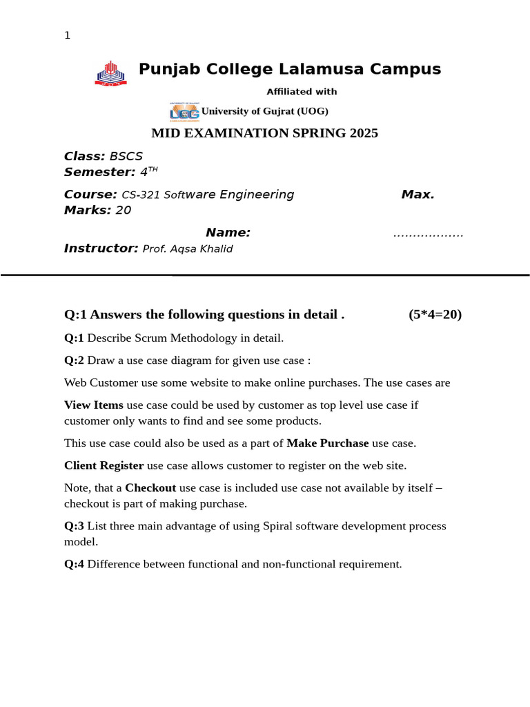 BSCS Spring 2025 Mid Exam: Software Engineering | PDF