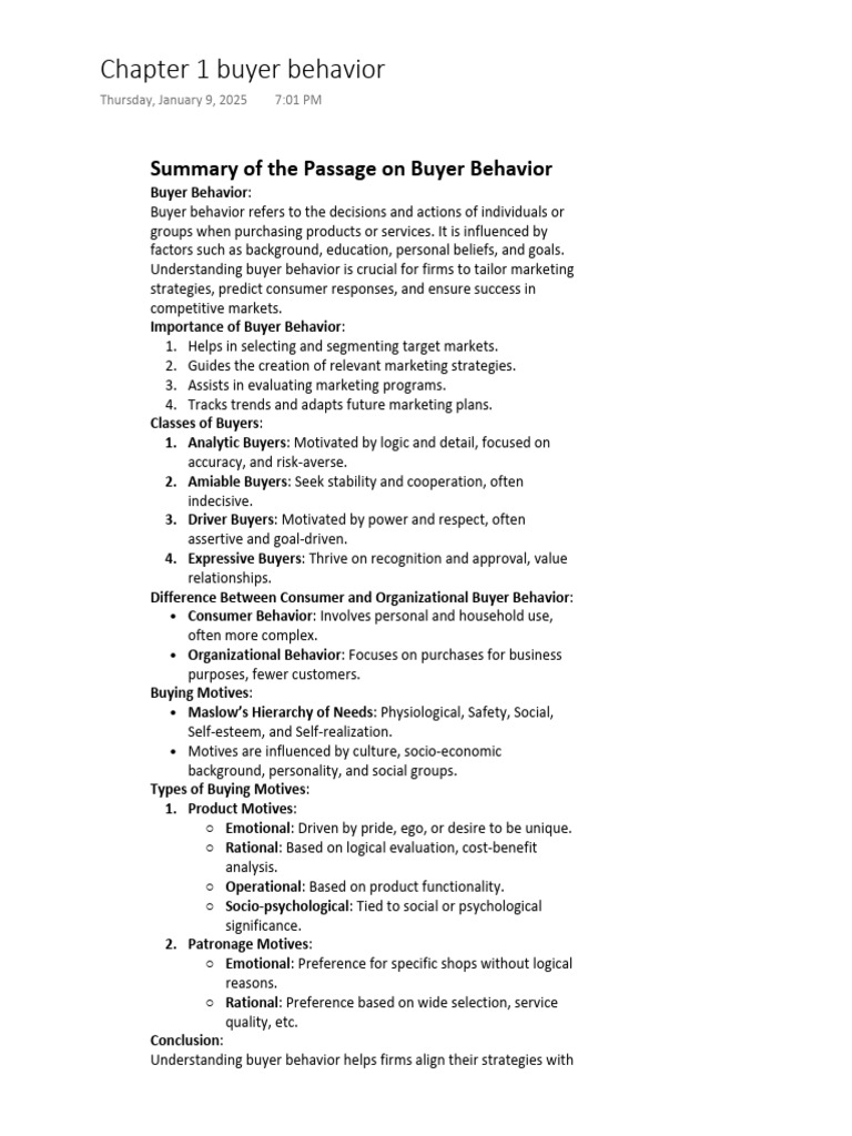 One Note Chapter 1 Buyer Behaviour | PDF | Consumer Behaviour | Behavior