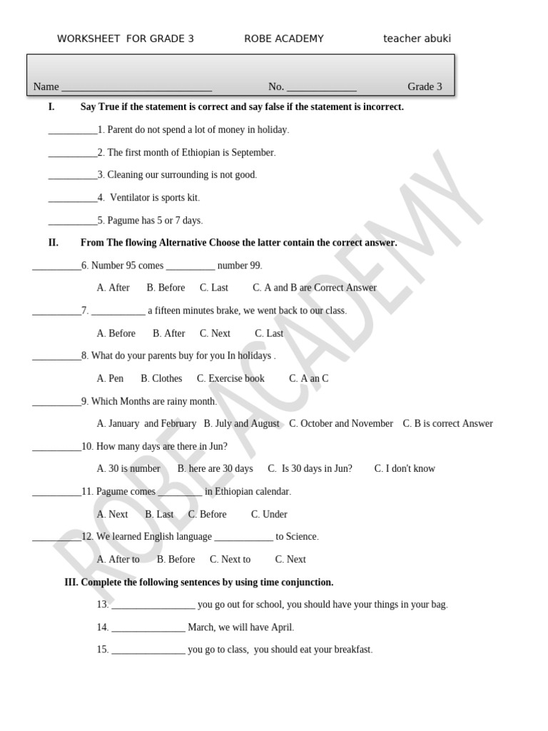 Grade 3 Worksheet: True/False & Questions | PDF