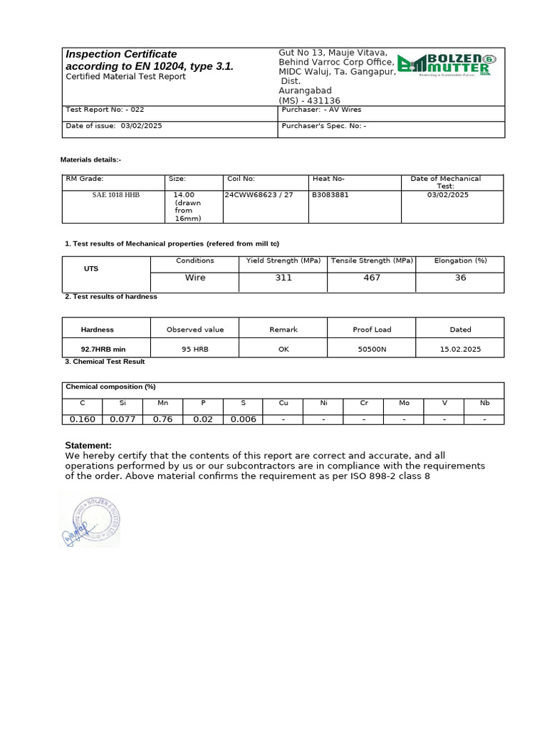 Inspection Certificate for SAE 1018 Wire | PDF