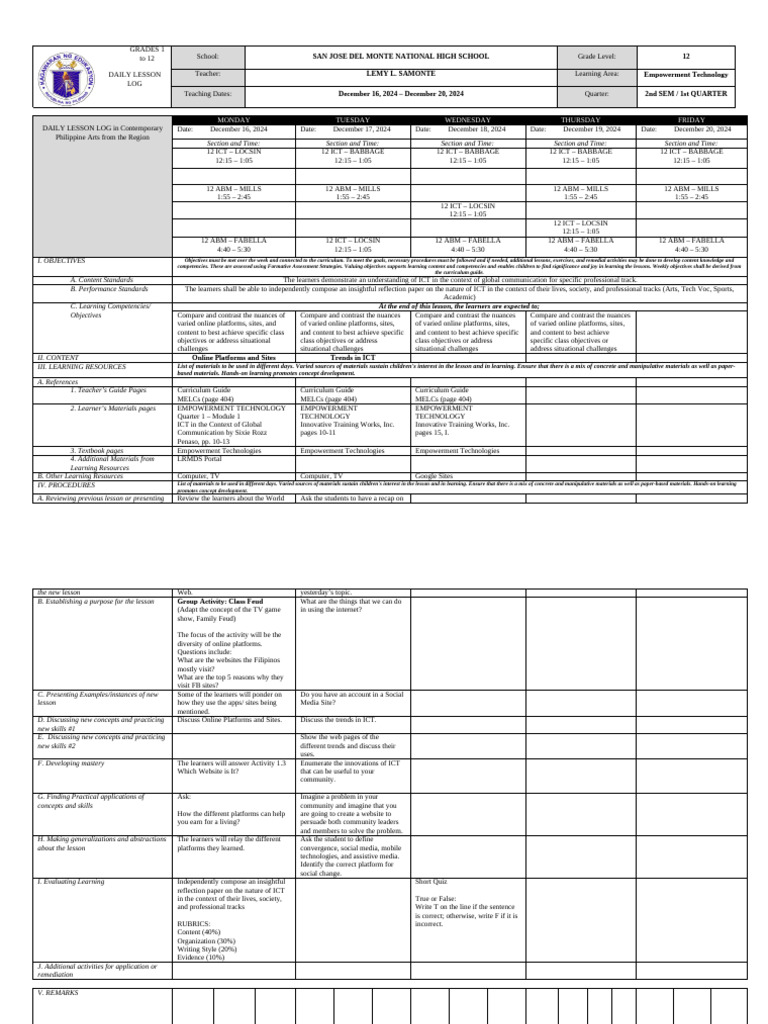 Daily Lesson Log for Empowerment Tech | PDF | Educational Technology ...