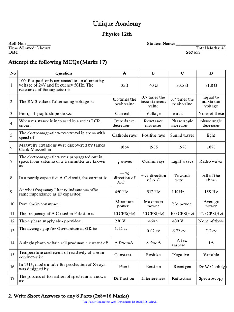 12th Grade Physics MCQs and Short Answers | PDF | Electrical Impedance ...
