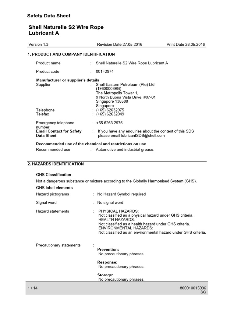 Shell Naturelle S2 Wire Rope Lubricant A | PDF | Toxicity | Personal ...