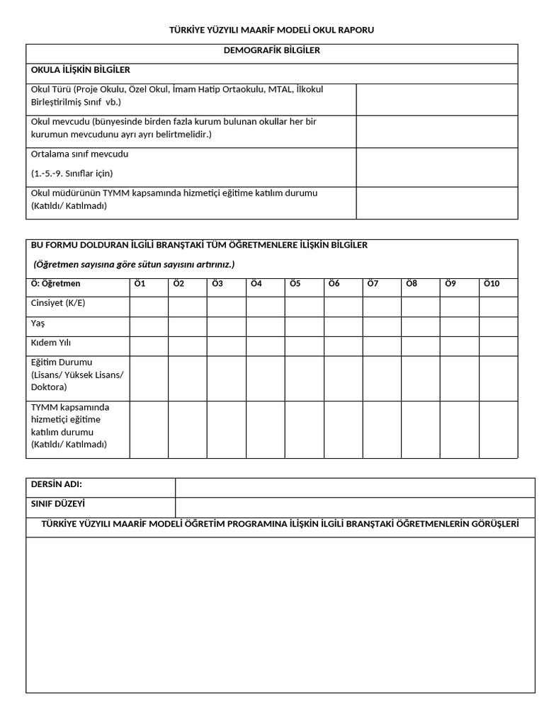 Ek-1. Turkiye Yuzyili Maarif Modeli Ders Raporu Formu | PDF