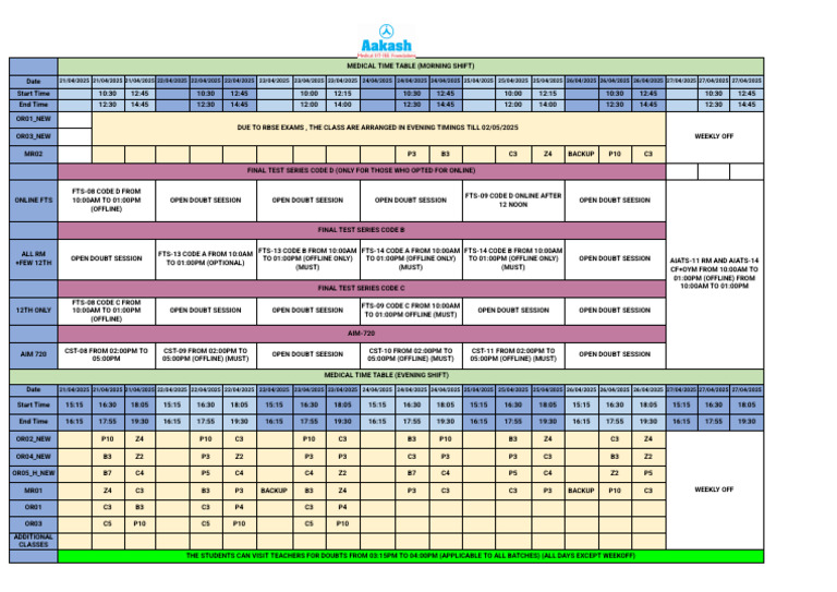 Medical - Time Table - 21.04.2025 To 27.04.2025 | PDF