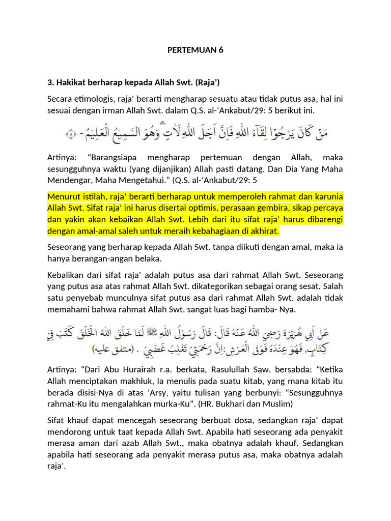 Hakikat dan Manfaat Sifat Raja' | PDF