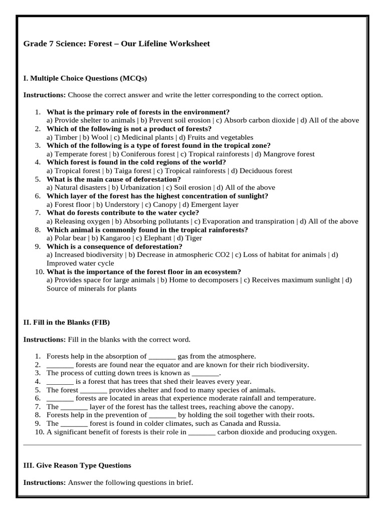 Class 7 Forests: Our Lifeline Worksheet | PDF | Forests | Deforestation
