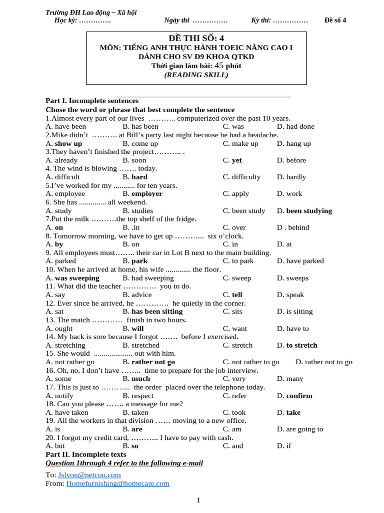 TOEIC Practice Test - Advanced Level | PDF