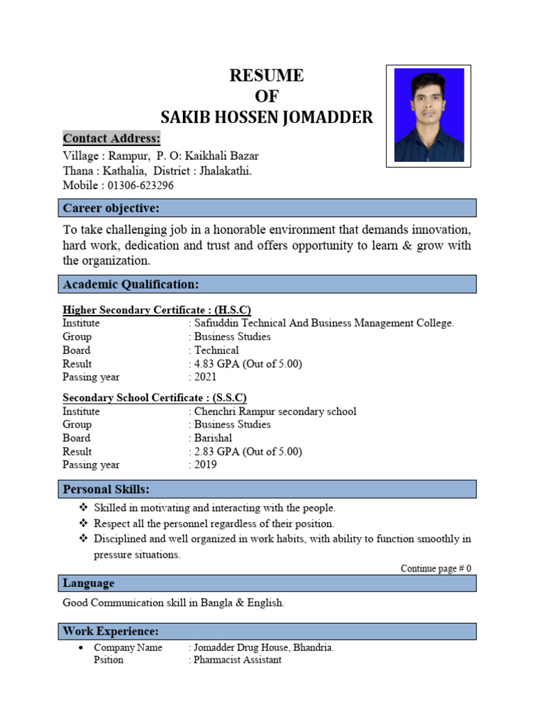 Resume of Sakib Hossen Jomadder | PDF