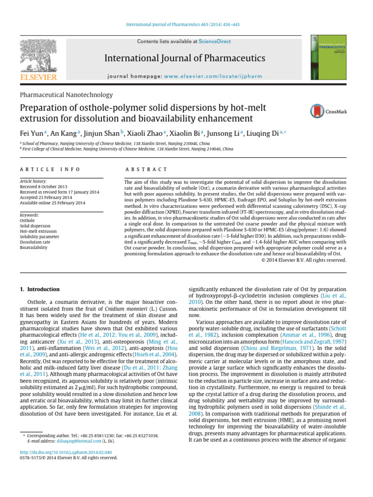 Preparation of Osthole-Polymer Solid Dispersions by Hot-Melt Extrusion ...