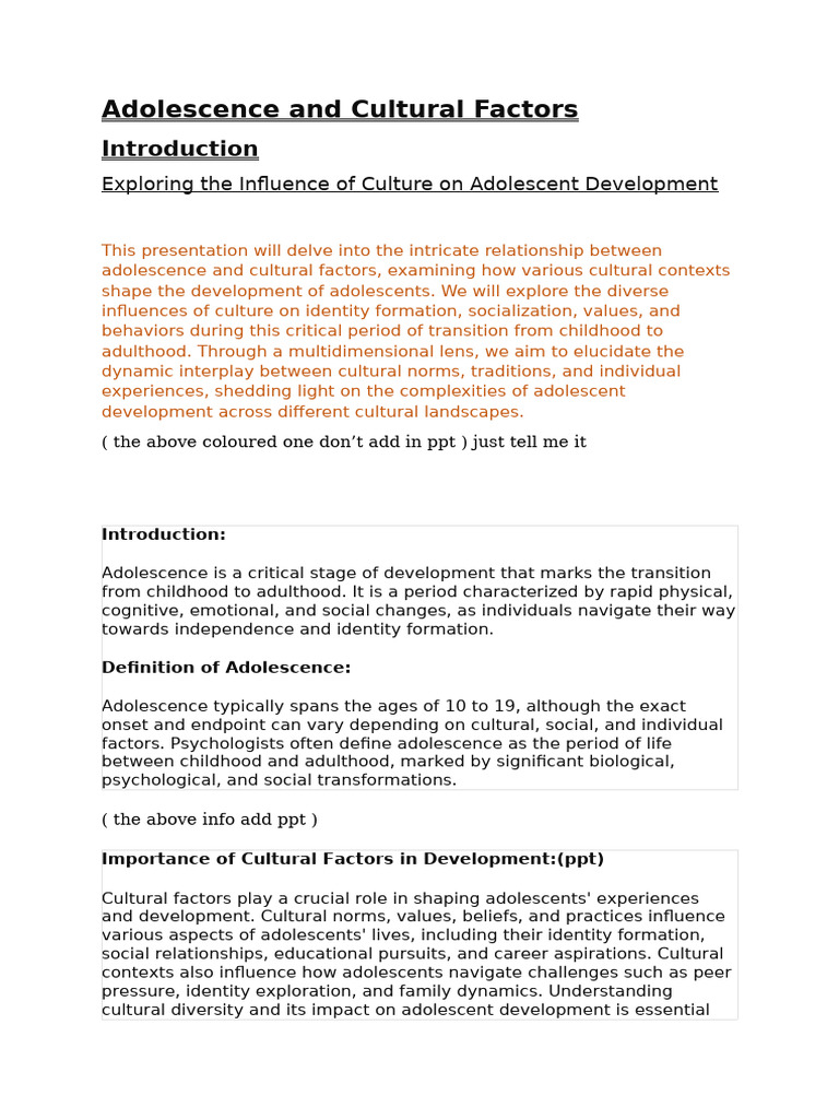 Adolescence and Cultural Factors Final | PDF | Adolescence | Identity ...