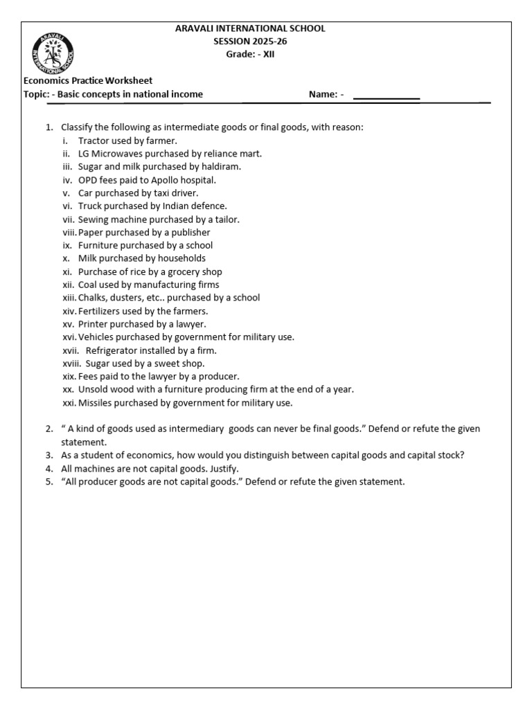 Economics Worksheet: National Income Concepts | PDF