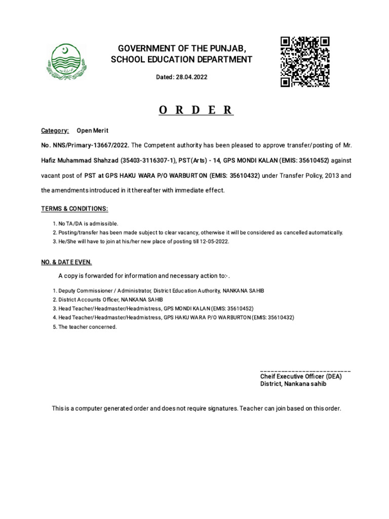 Teacher Transfer Order - Punjab 2022 | PDF