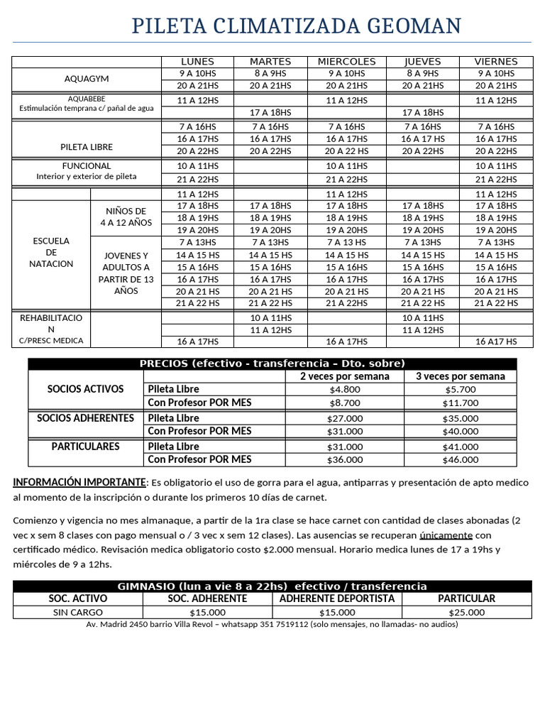 Horarios y Precios Pileta Climatizada Geoman | PDF