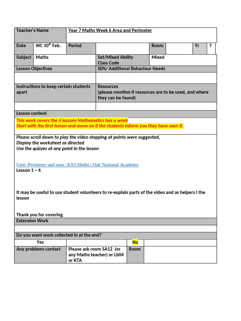 Year 7 Maths: Area & Perimeter Lessons | PDF