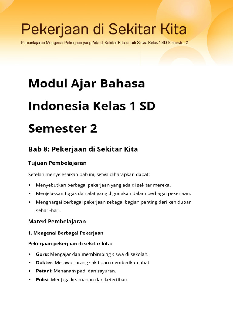 Modul Ajar Bahasa Indonesia Kelas 1 SD Semester 2 | PDF