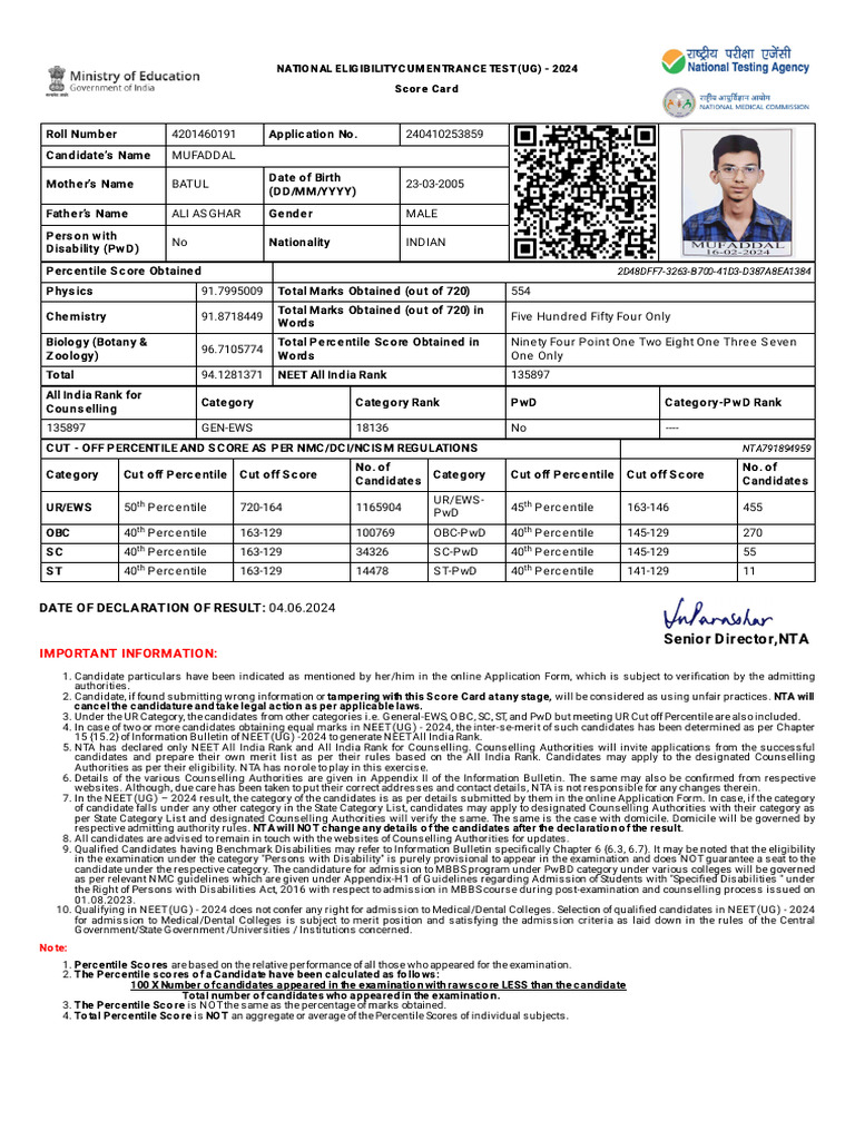 NEET UG 2024 Score Card Details | PDF | Higher Education | Medicine