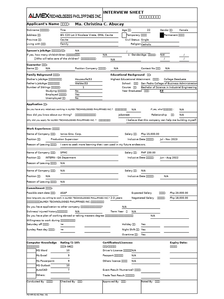 Fo-Hr-01-02 Rev 01 - Interview Sheet | PDF