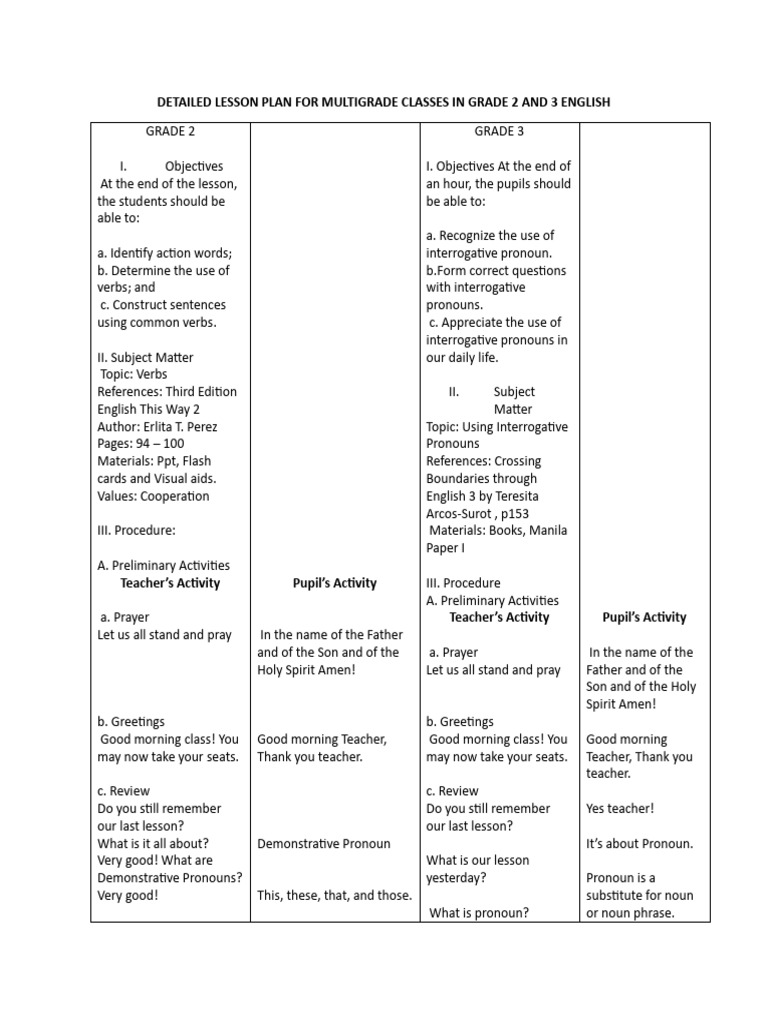 Multigrade English Lesson Plan 2-3 | PDF | Pronoun | English Language