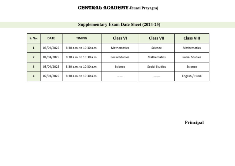 Classes VI To VIII - Supplementary Exam Date Sheet (Session 2024-25) | PDF