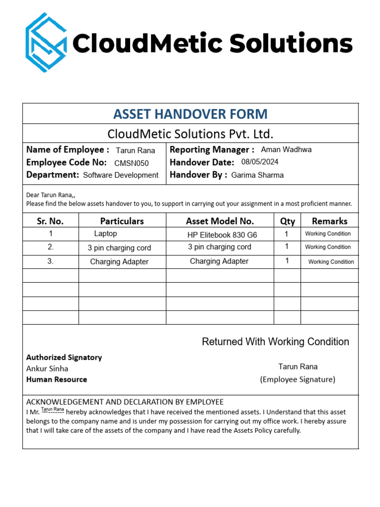 Asset Handover Form for CloudMetic | PDF
