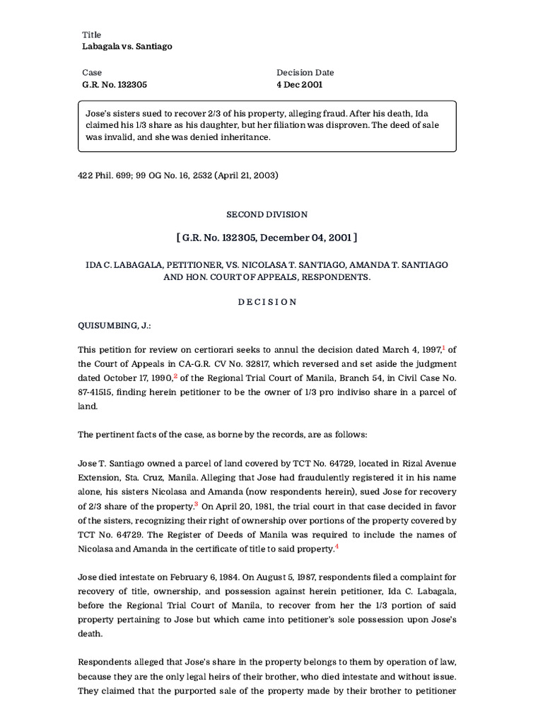 Labagala v. Santiago: Inheritance Dispute | PDF | Baptism | Birth ...