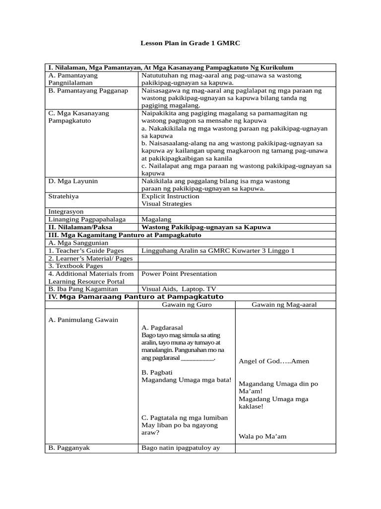 Lesson Plan in Grade 1 GMRC | PDF
