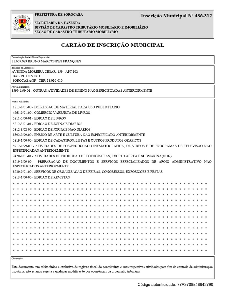 Cartão de Inscrição Municipal - Sorocaba | PDF