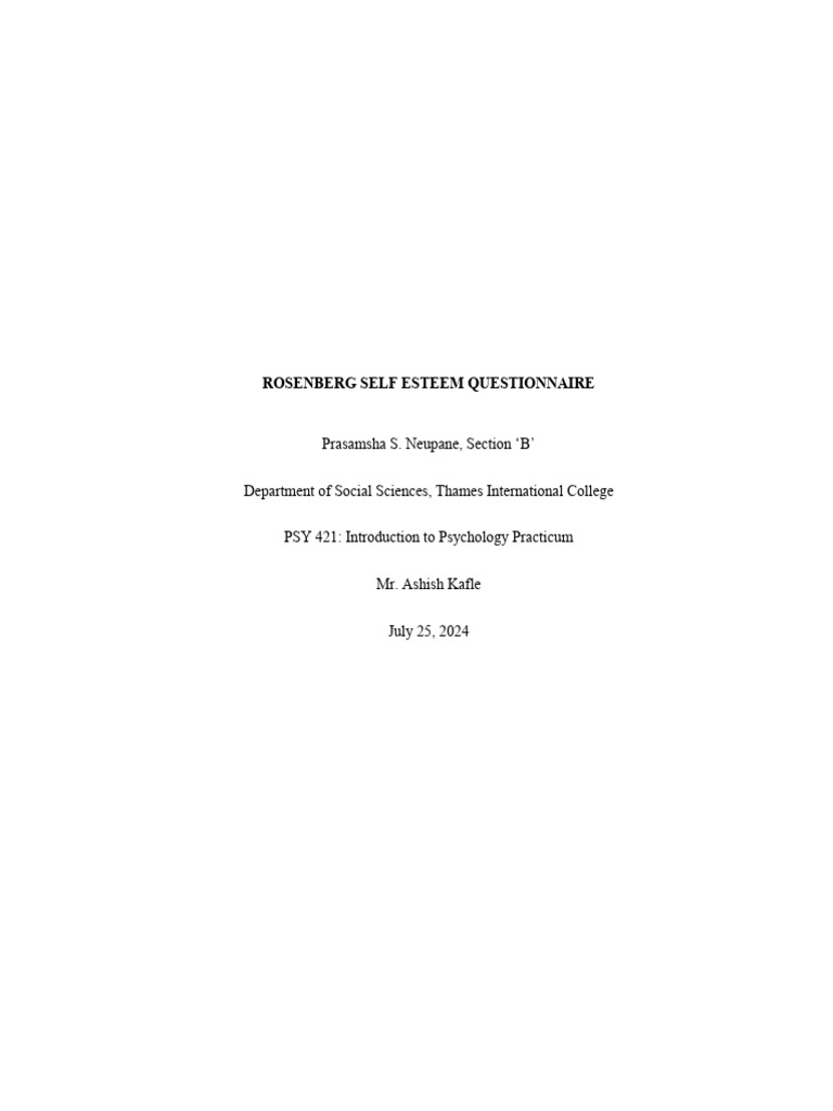 Rosenberg Self-Esteem Questionnaire Analysis | PDF | Self Esteem ...