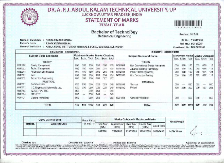 Btech Marksheet Landscape | PDF
