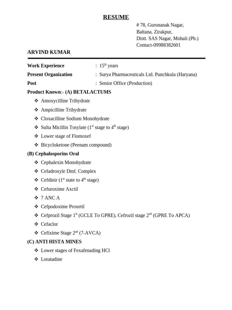 Arvind Kumar's Pharmaceutical Resume | PDF | Antibiotics