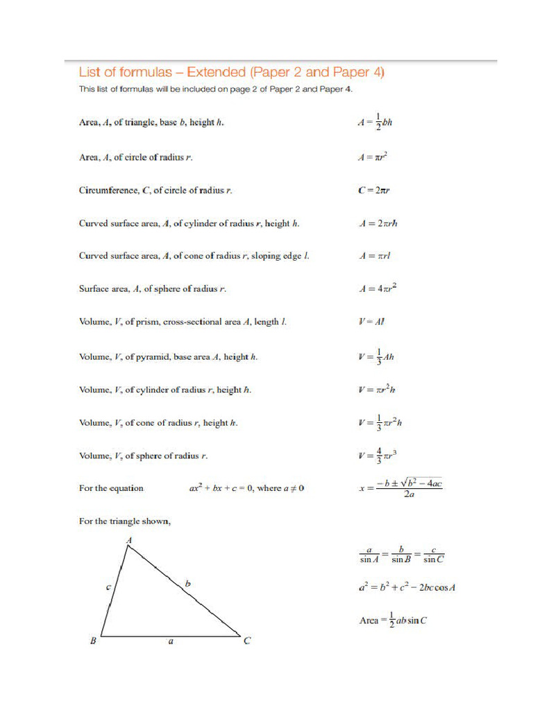 Formula Sheet Extended IGCSE Maths | PDF