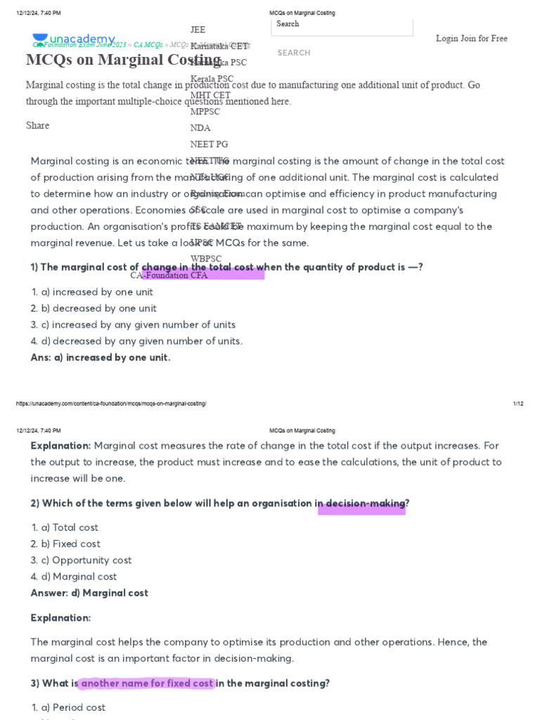 MCQs on Marginal Costing Concepts | PDF | Cost | Profit (Economics)