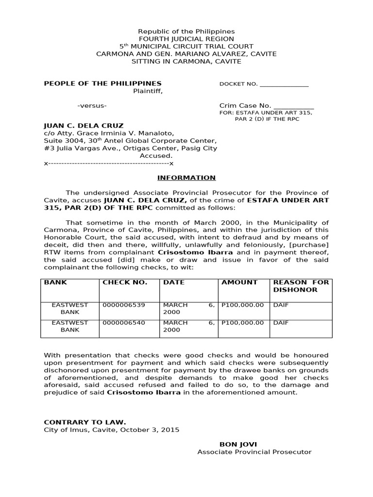 Crim Case Estafa Information REPLY Counter Afft | PDF | Statute Of ...